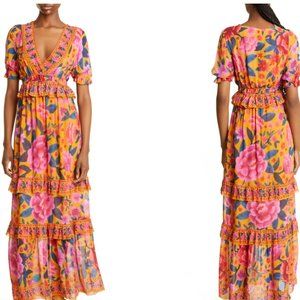 Farm Rio  NWT Large Yellow Floral Dream Maxi Dress Ruffled Design